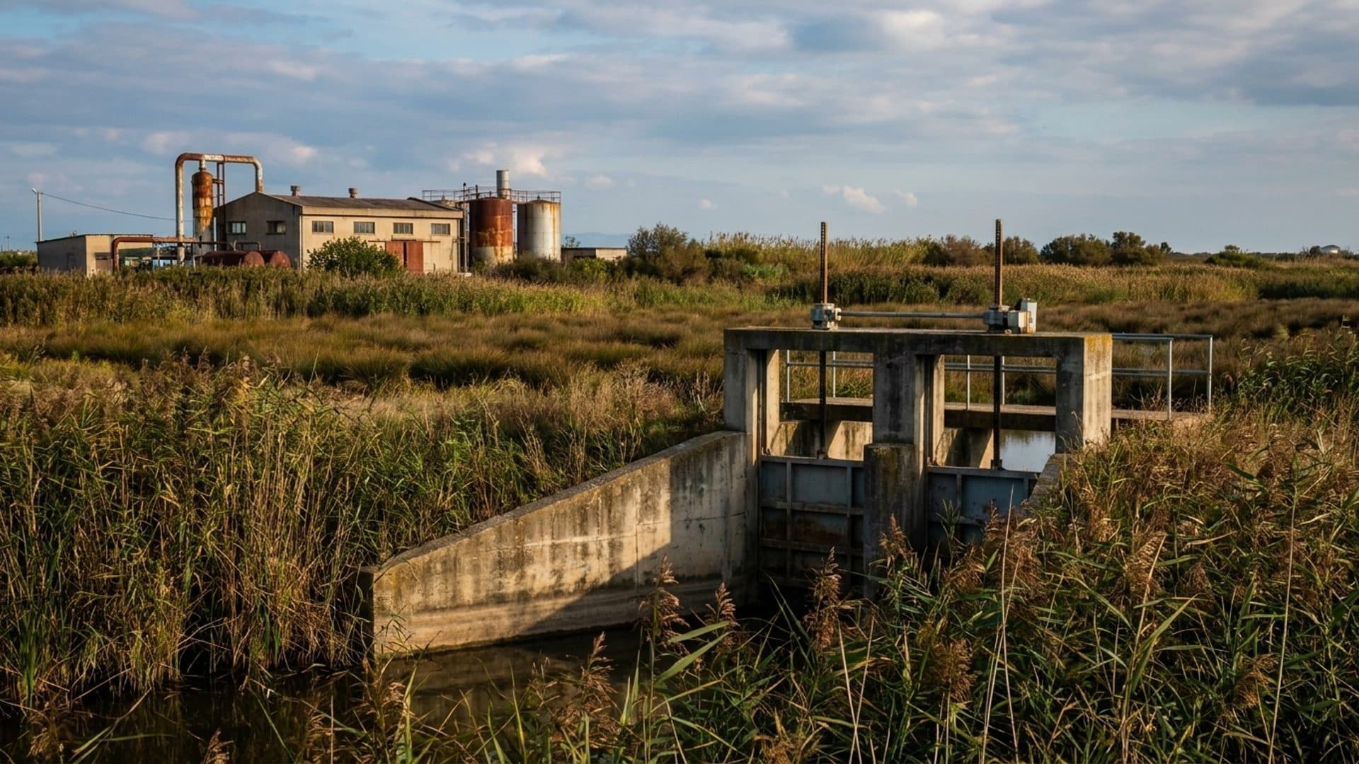 Water-control structure beside a wetland with a vegetated buffer