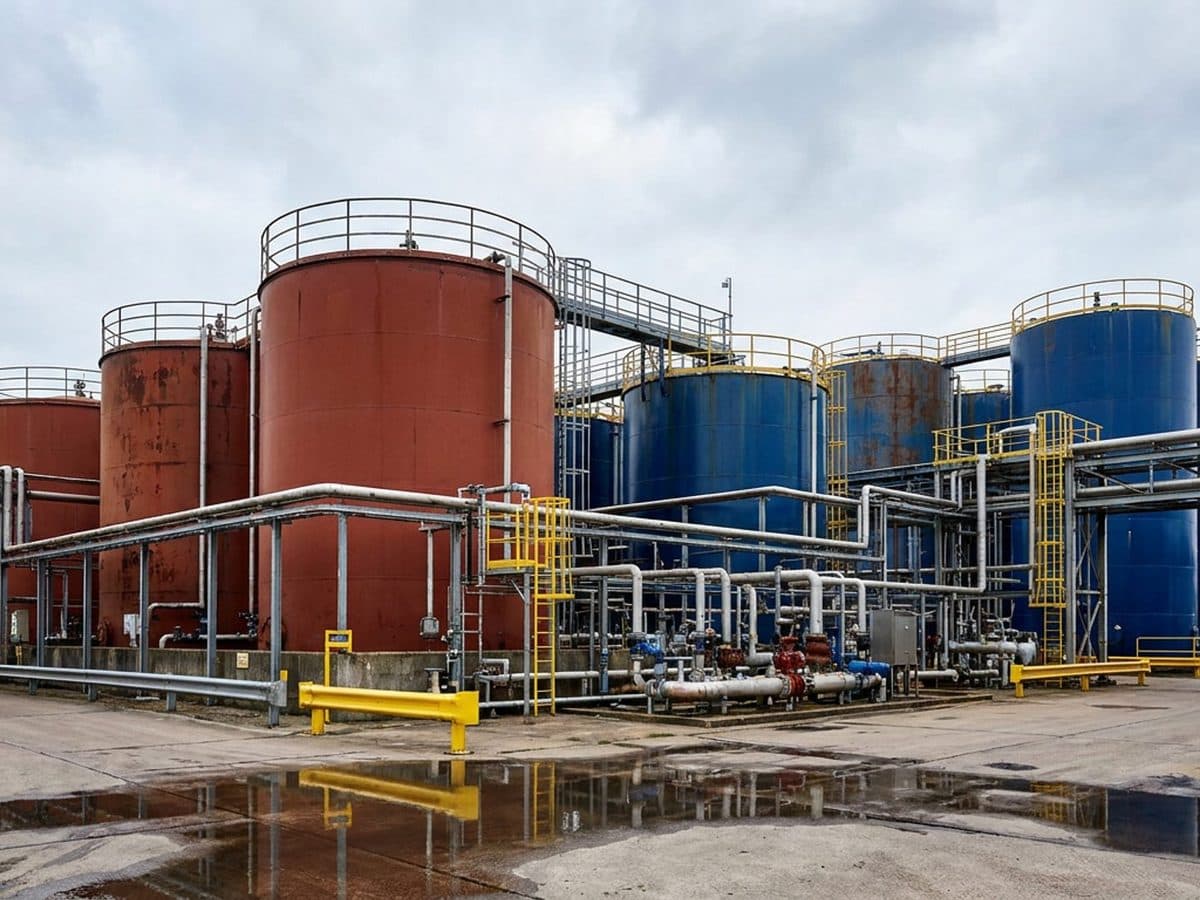UK chemical plant with industrial tanks and pipework