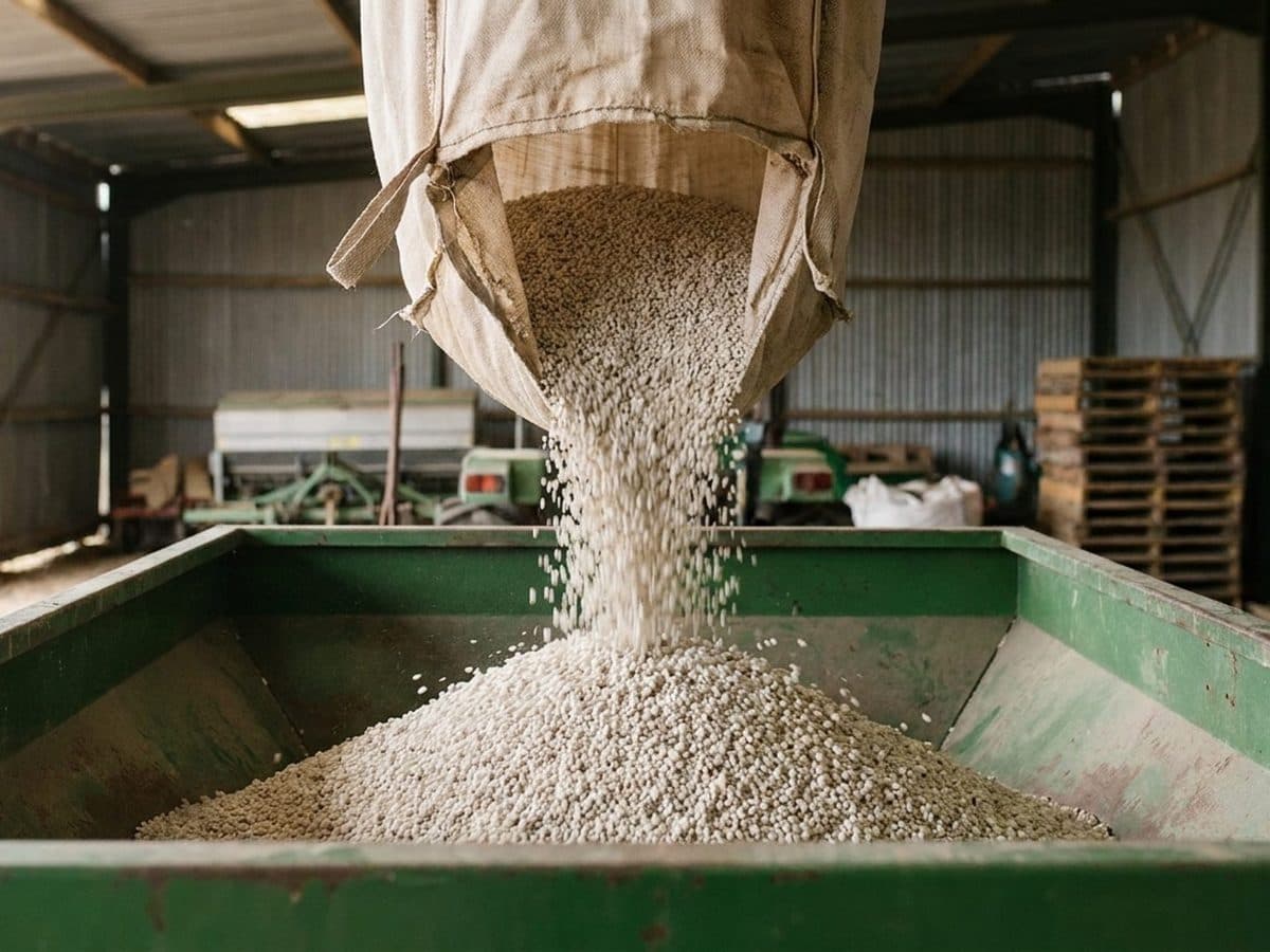 Fertiliser granules being poured from an unmarked sack into a hopper.