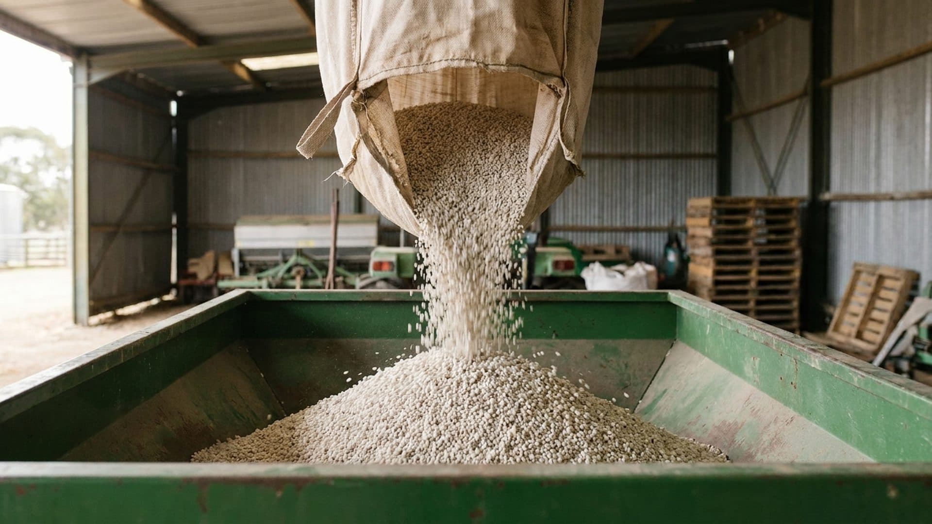 Fertiliser granules being poured from an unmarked sack into a hopper.