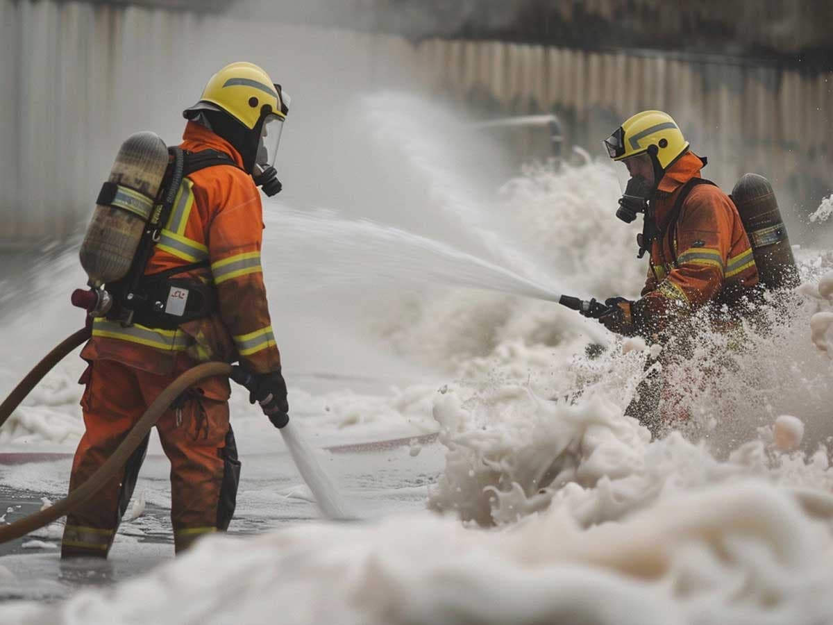 Firefighers spraying foam