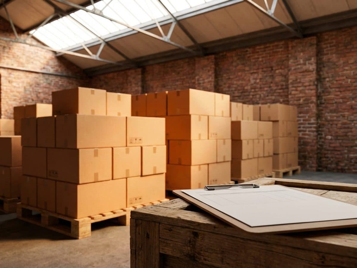 British warehouse interior with shipping boxes and compliance paperwork