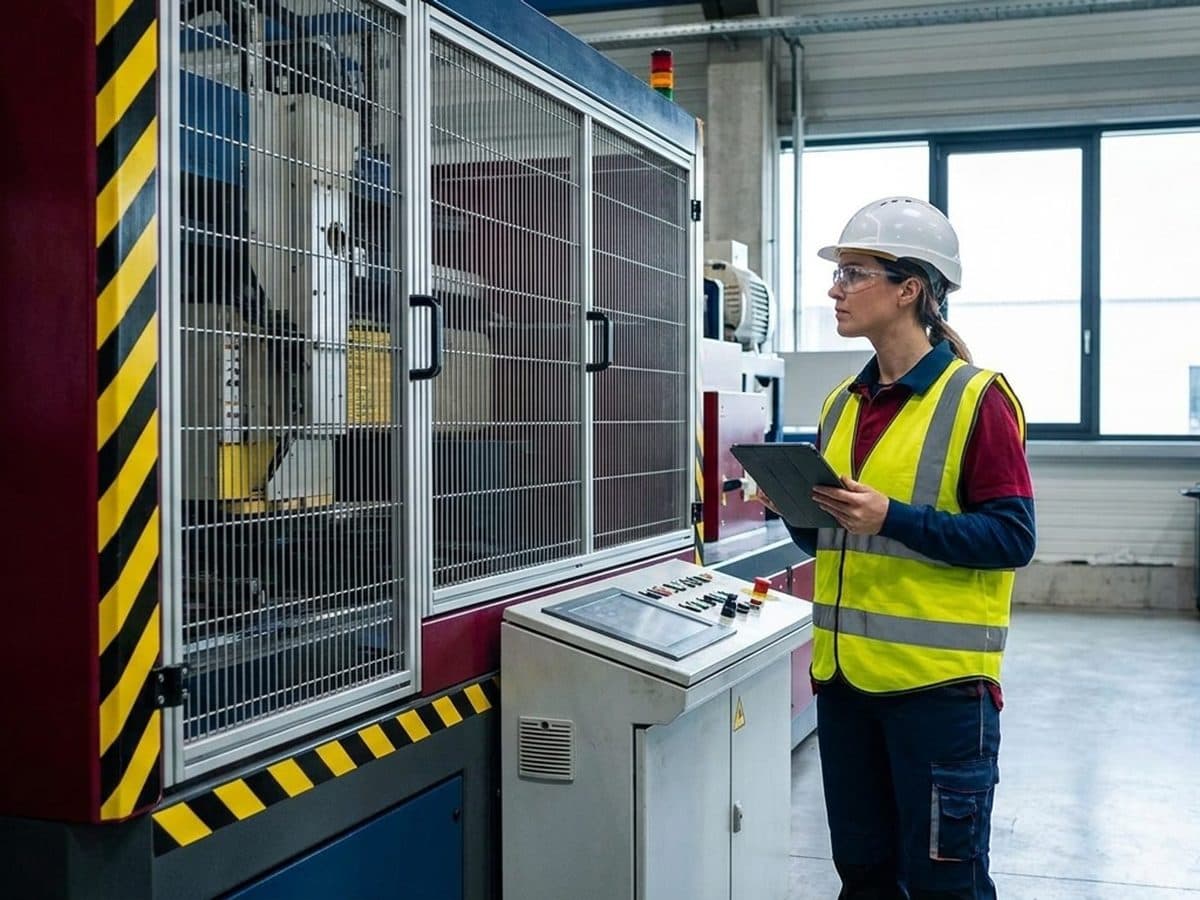 Engineer inspecting a guarded industrial machine on a factory floor