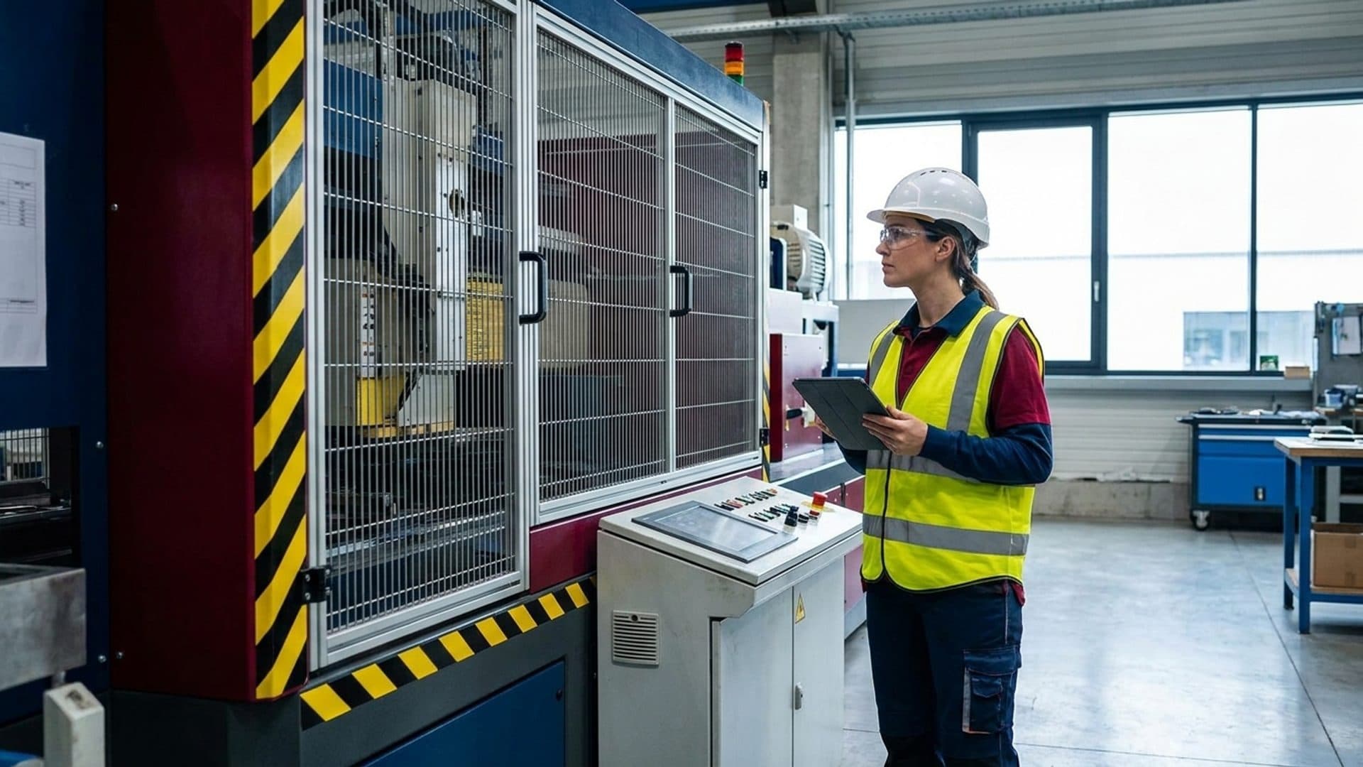 Engineer inspecting a guarded industrial machine on a factory floor