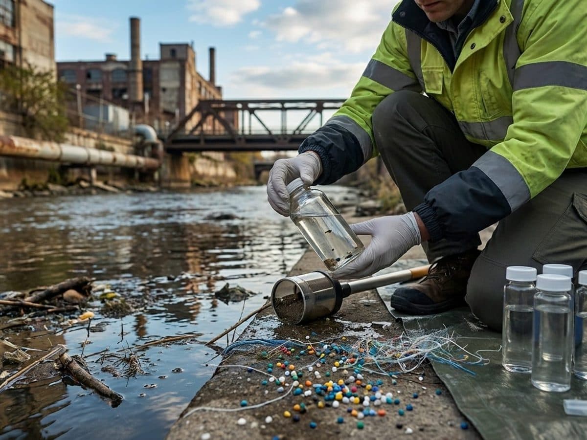 Scientist sampling water beside an urban industrial waterway