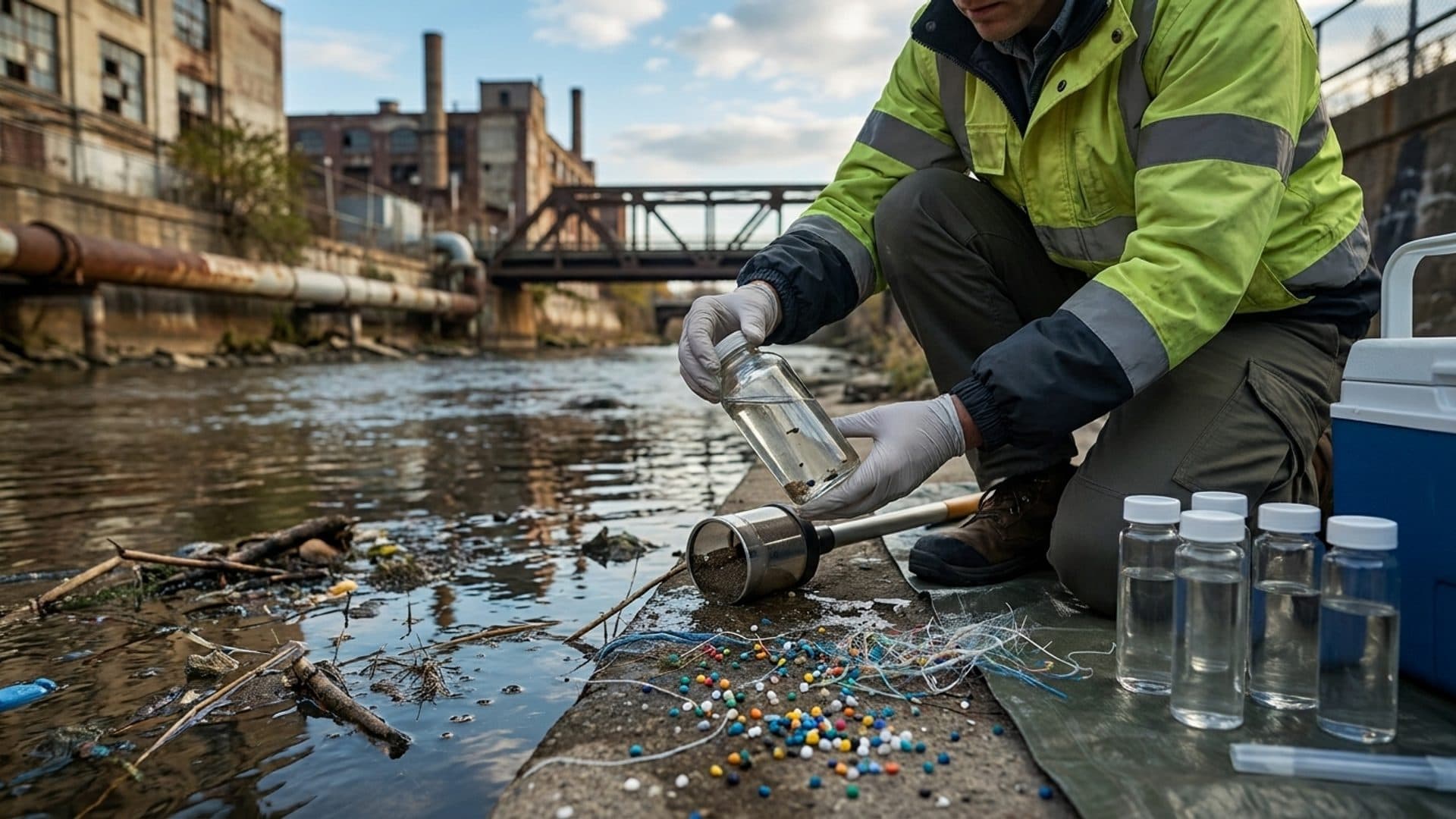 Scientist sampling water beside an urban industrial waterway