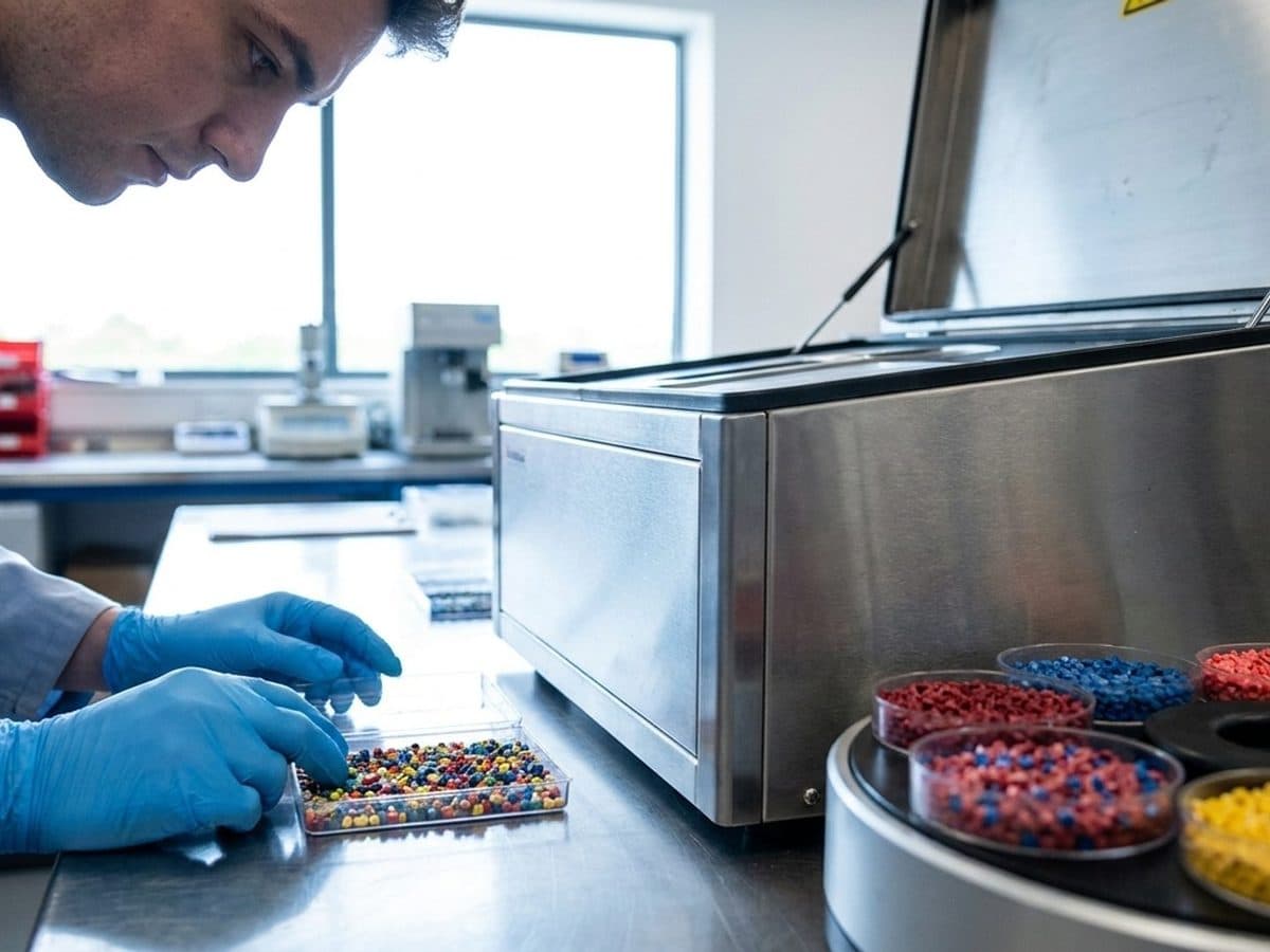 Laboratory technician examining recycled polymer pellets beside an analyser.