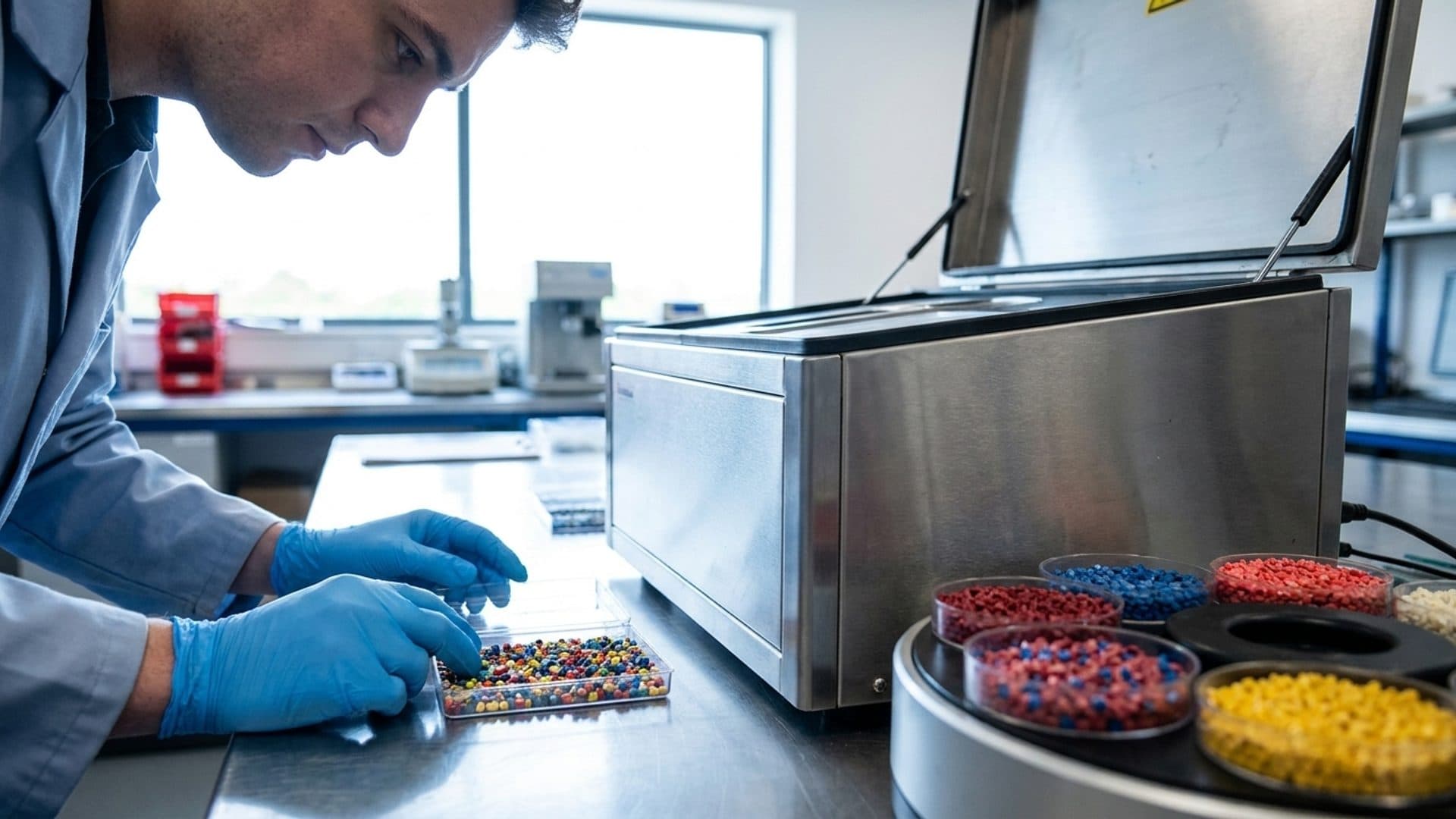 Laboratory technician examining recycled polymer pellets beside an analyser.