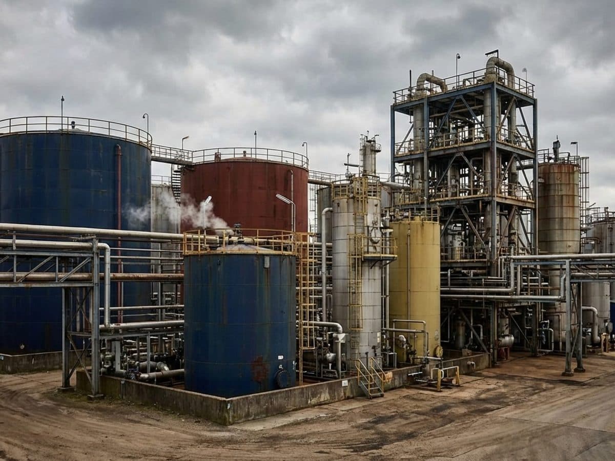 Chemical manufacturing site with industrial tanks and pipework