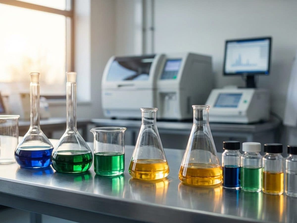 Laboratory glassware in a chemical testing facility