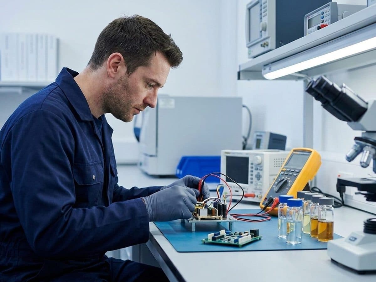 Technician examining equipment and samples in a conformity assessment laboratory