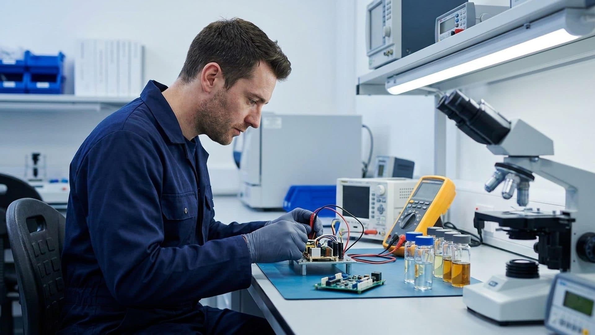 Technician examining equipment and samples in a conformity assessment laboratory