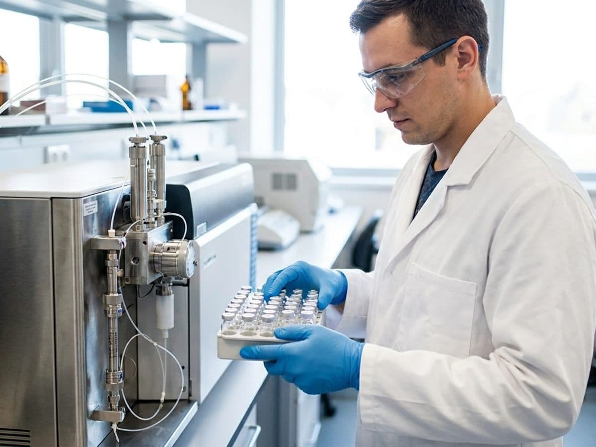 Forensic chemist handling sealed reference vials beside a chromatography instrument.