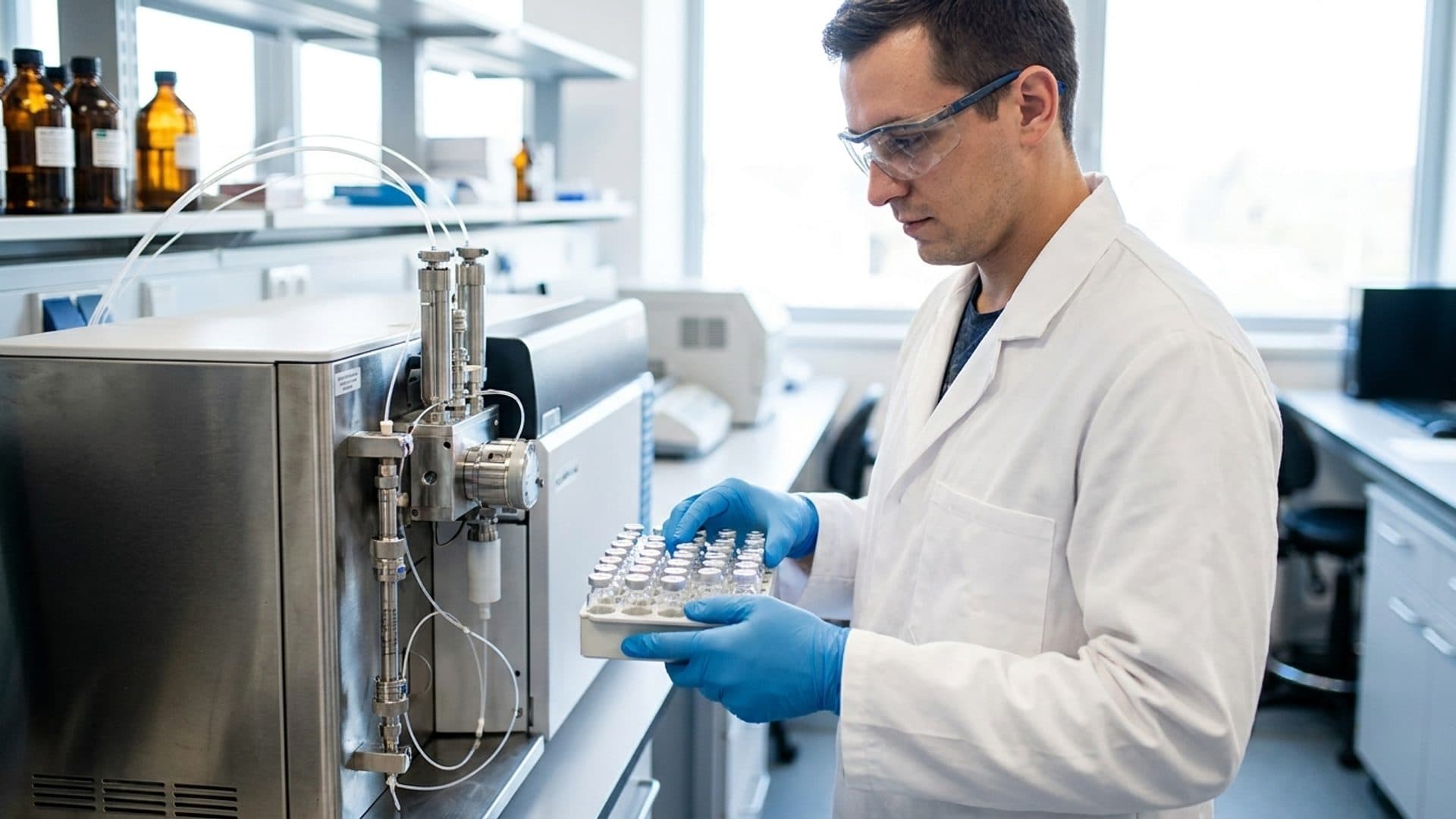Forensic chemist handling sealed reference vials beside a chromatography instrument.