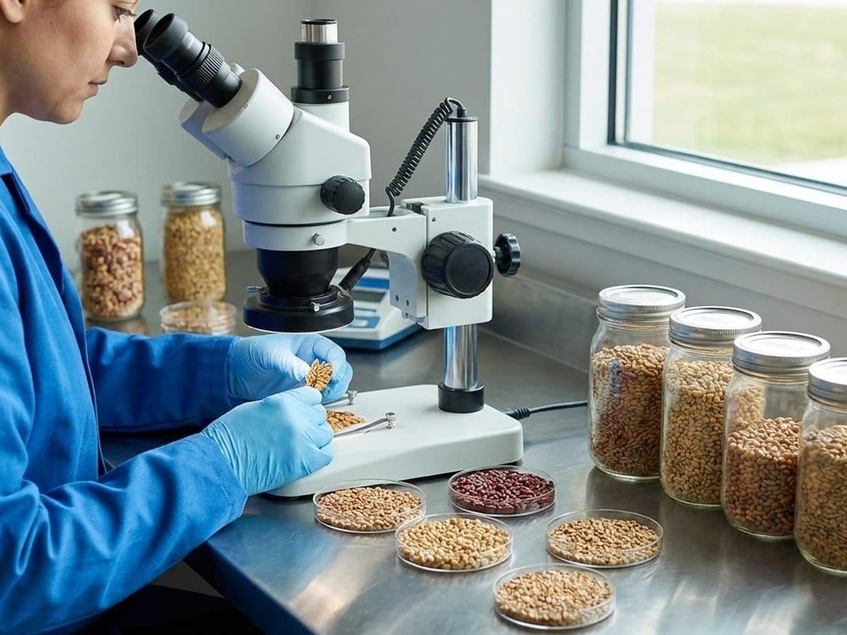Technician examining crop samples in a food quality-control laboratory