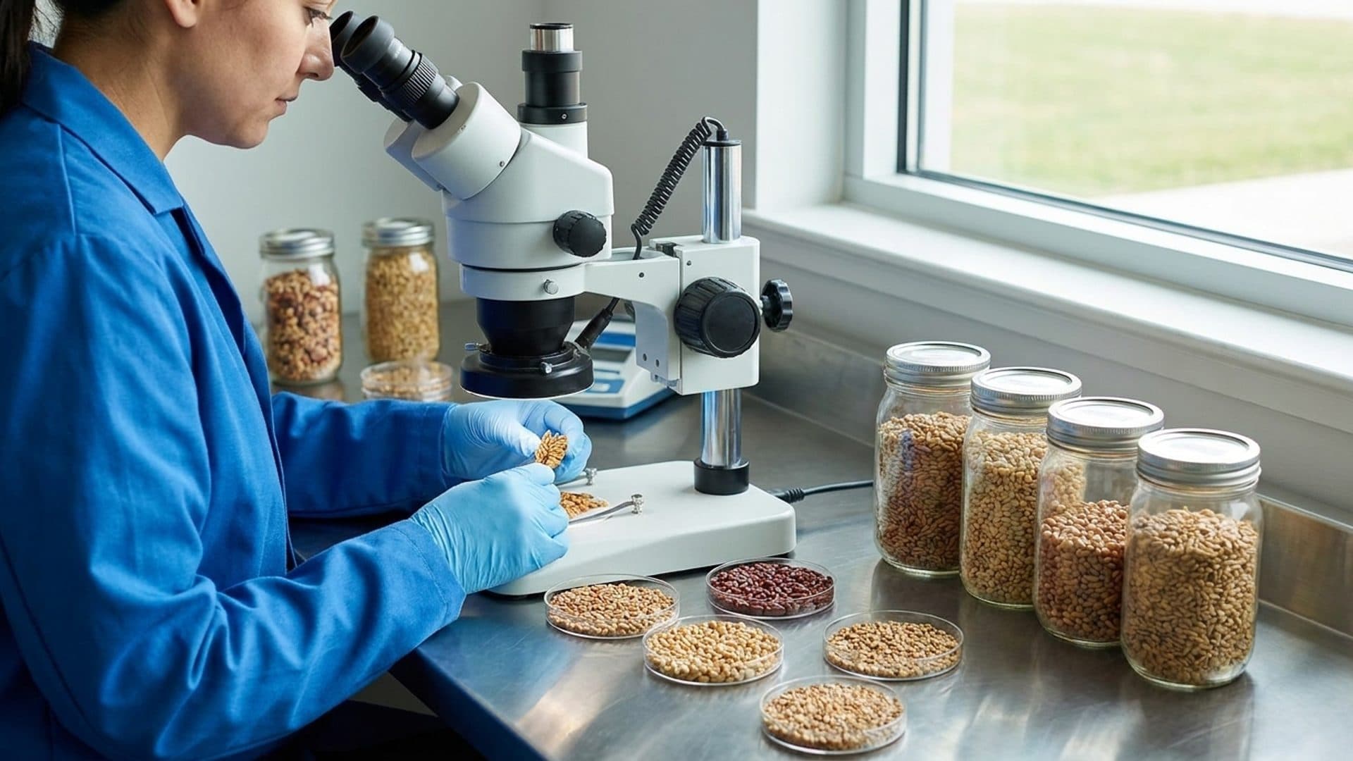 Technician examining crop samples in a food quality-control laboratory