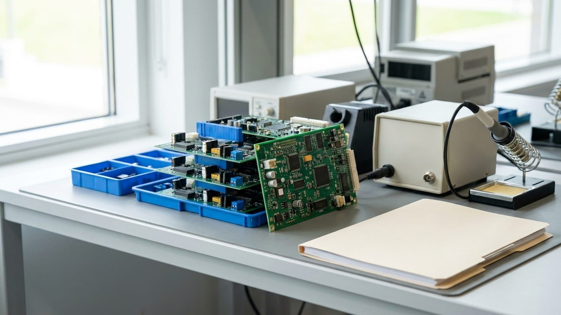 Circuit boards and soldering equipment in a quality-control area