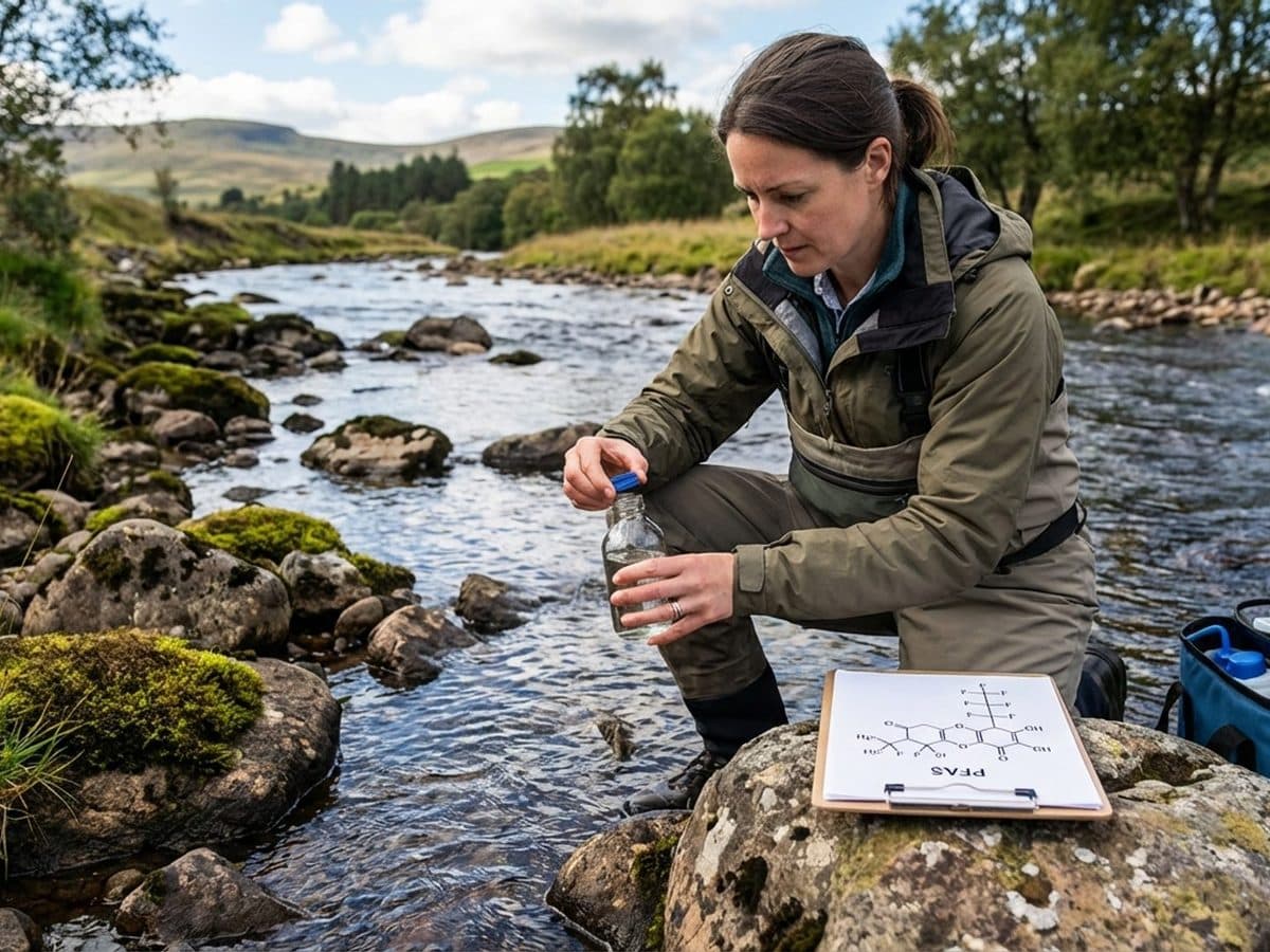 A scientist collecting a water sample with a PFAS molecule diagram