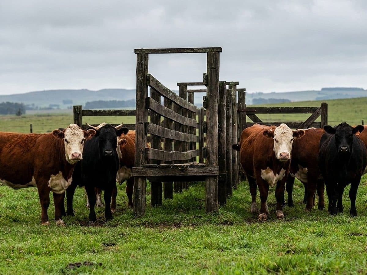 Cattle beside a timber handling race on grass farmland