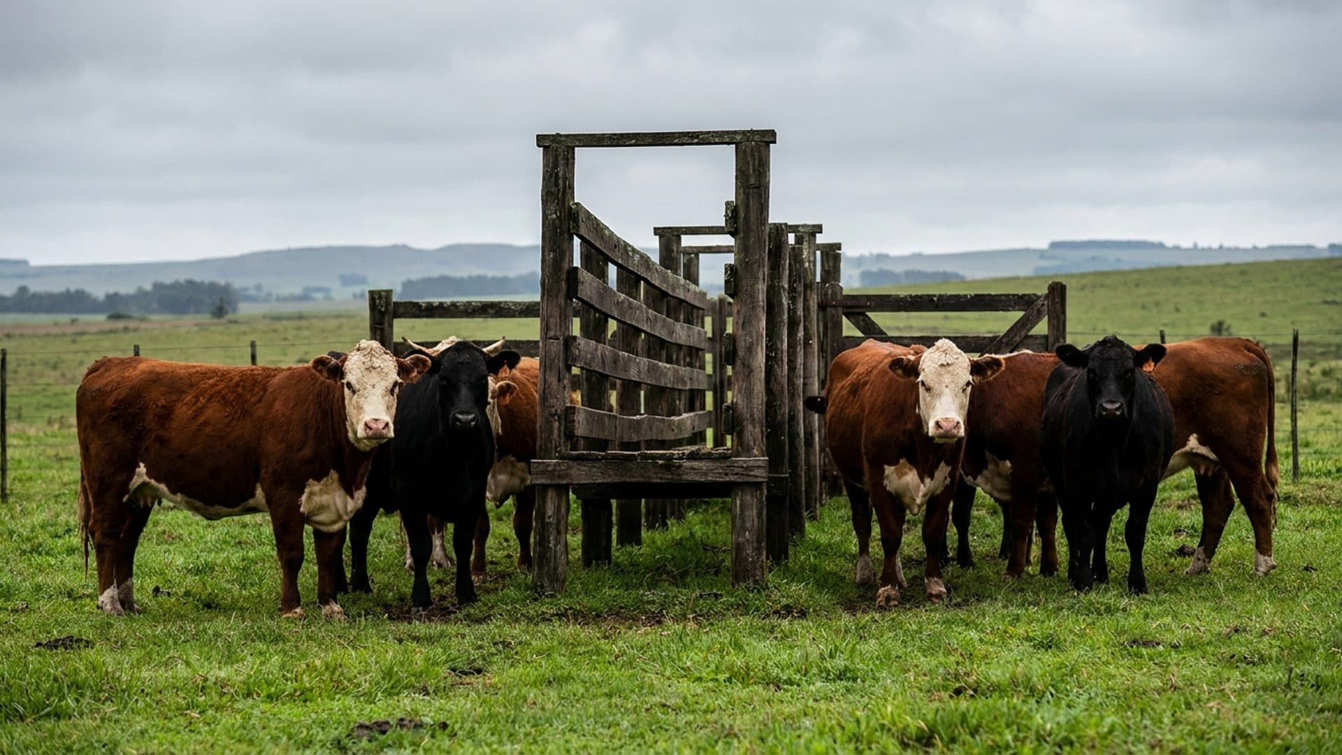 Cattle beside a timber handling race on grass farmland