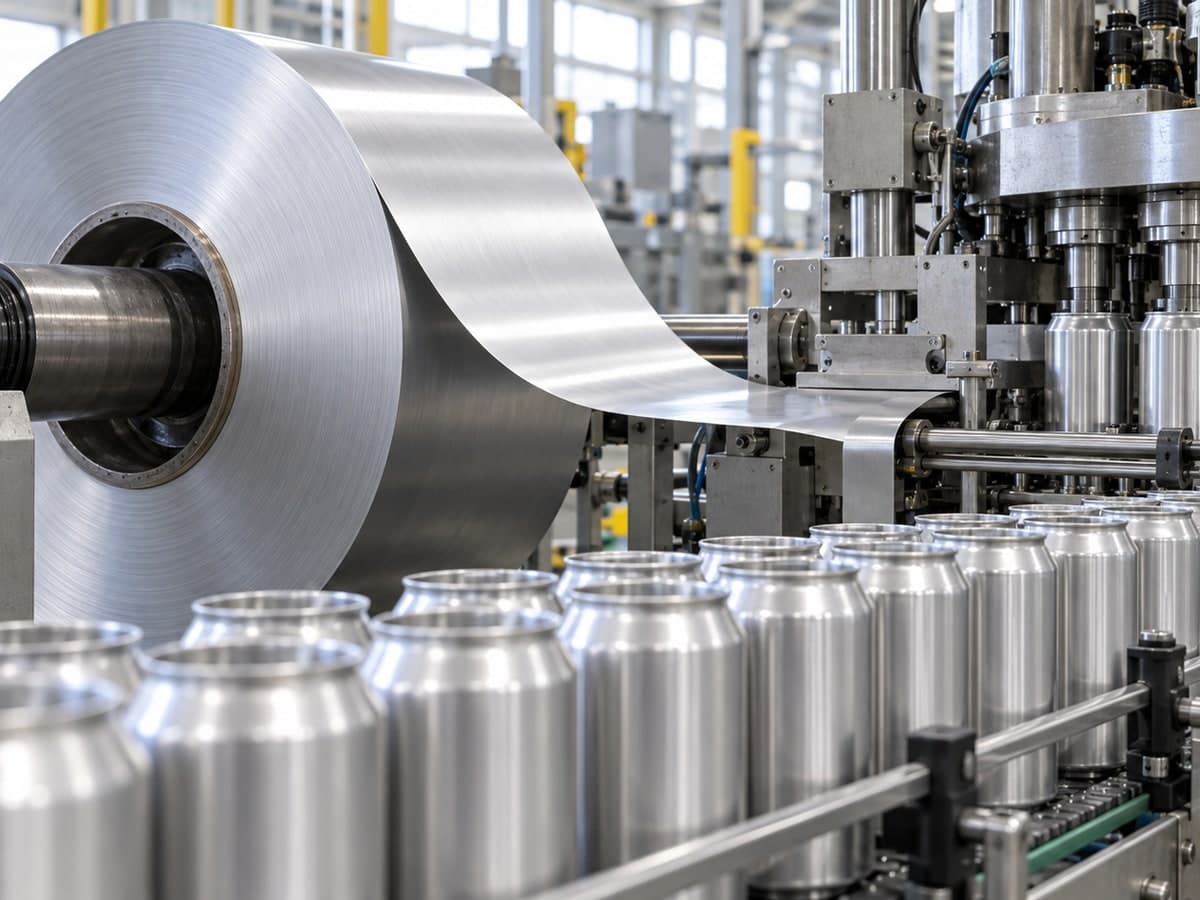 Aluminium coil and unprinted beverage-can bodies on a production line