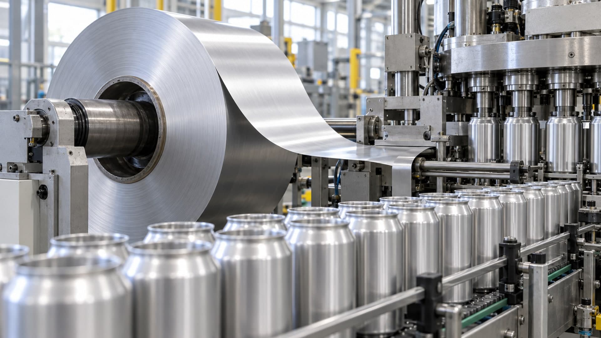Aluminium coil and unprinted beverage-can bodies on a production line