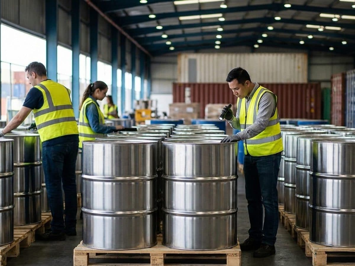 Customs officers inspecting unmarked palm-oil drums at a port