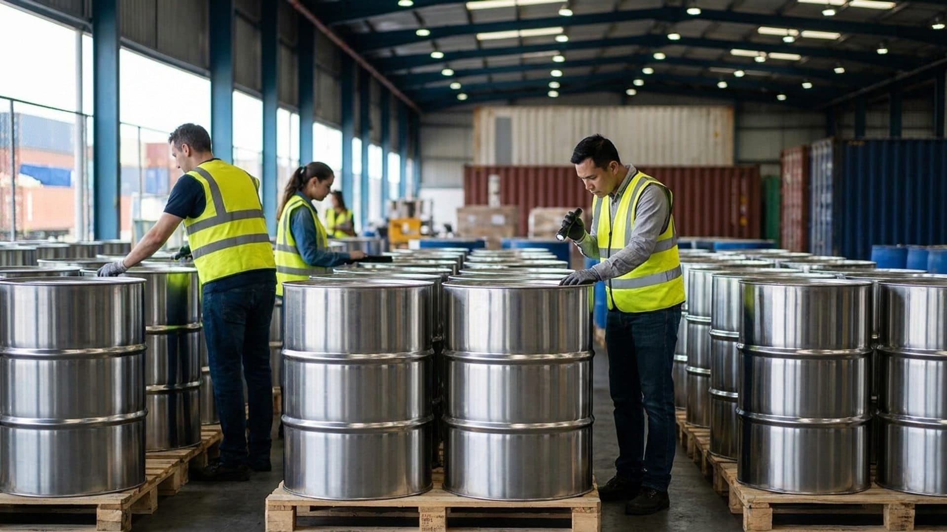 Customs officers inspecting unmarked palm-oil drums at a port