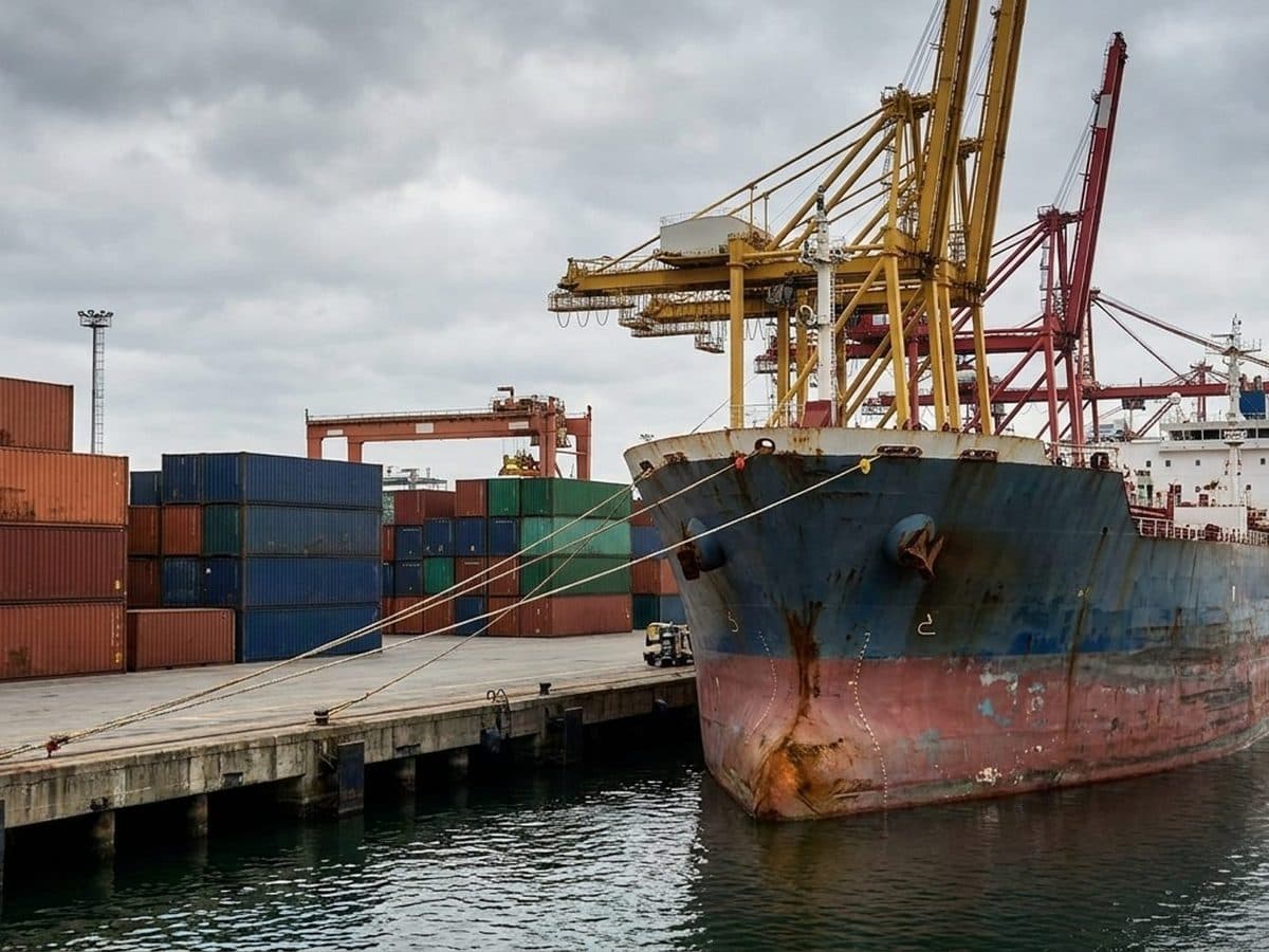 Oil tanker beside cargo containers and cranes at an industrial port