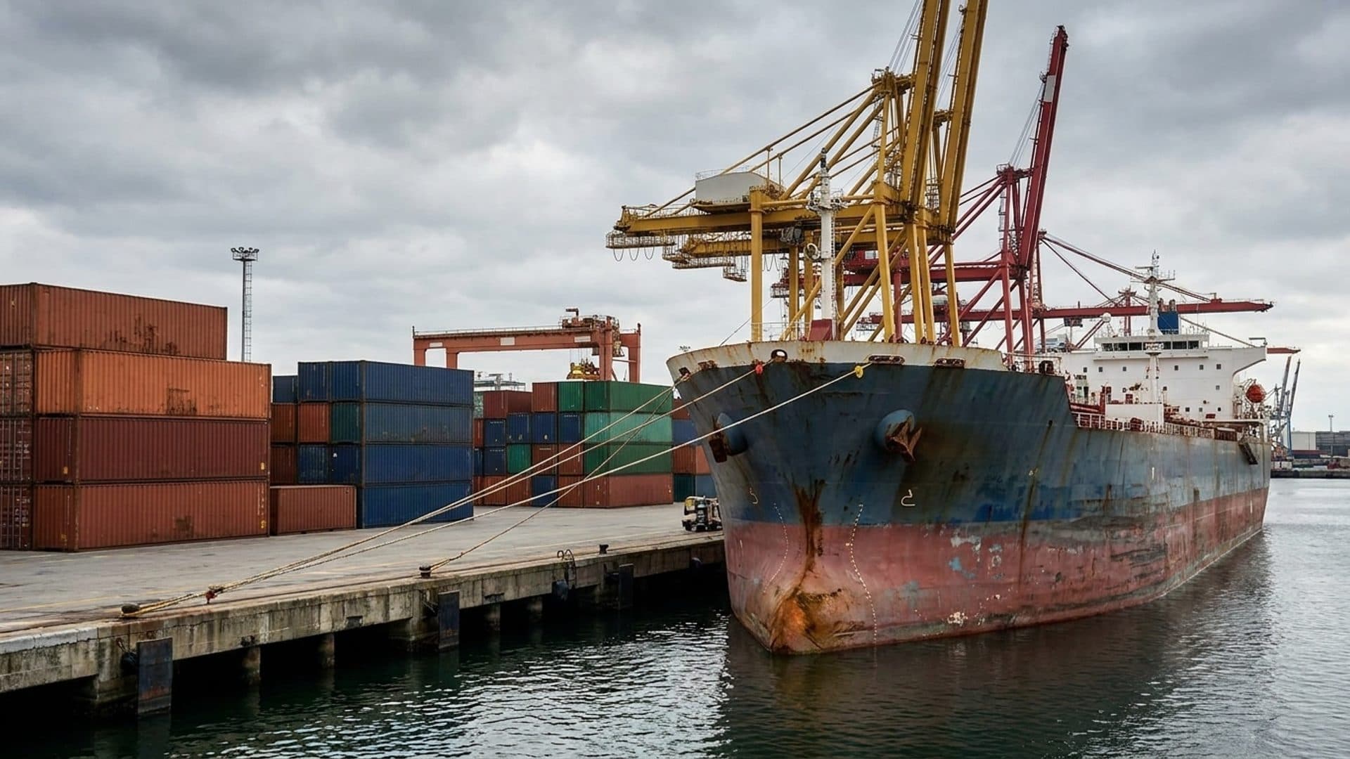 Oil tanker beside cargo containers and cranes at an industrial port