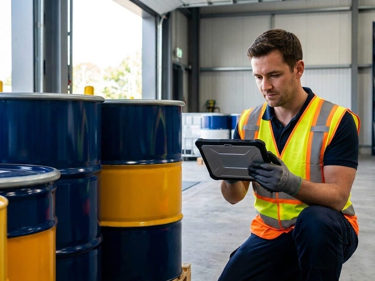Warehouse operator using a rugged tablet beside sealed industrial drums