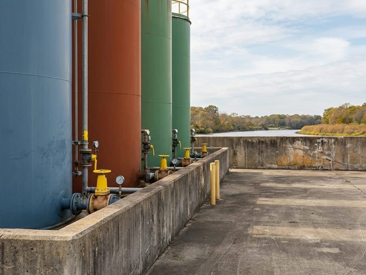 Industrial chemical storage tanks inside a concrete containment bund near a waterway
