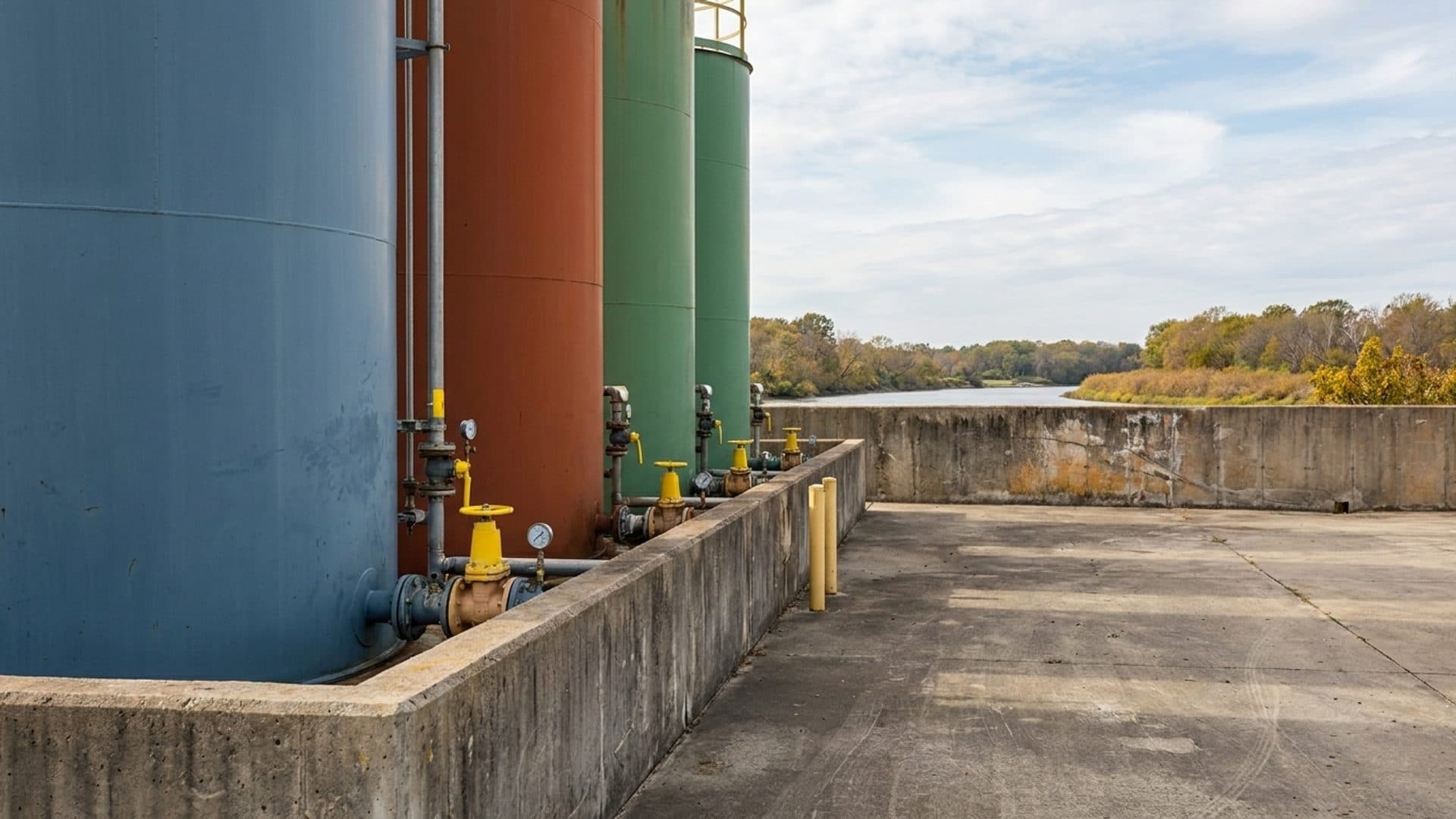 Industrial chemical storage tanks inside a concrete containment bund near a waterway
