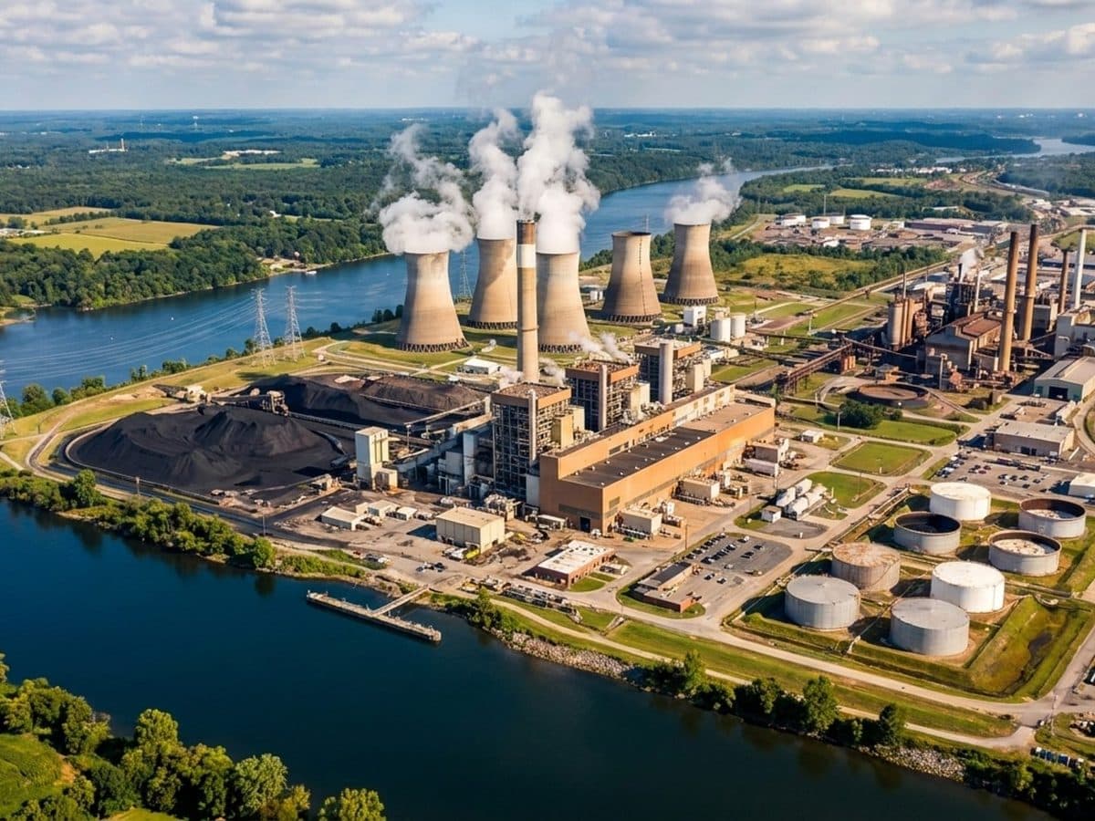 Fossil fuel power station and transmission lines beside an industrial site