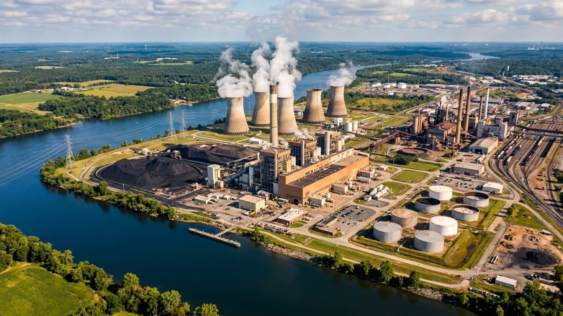 Fossil fuel power station and transmission lines beside an industrial site
