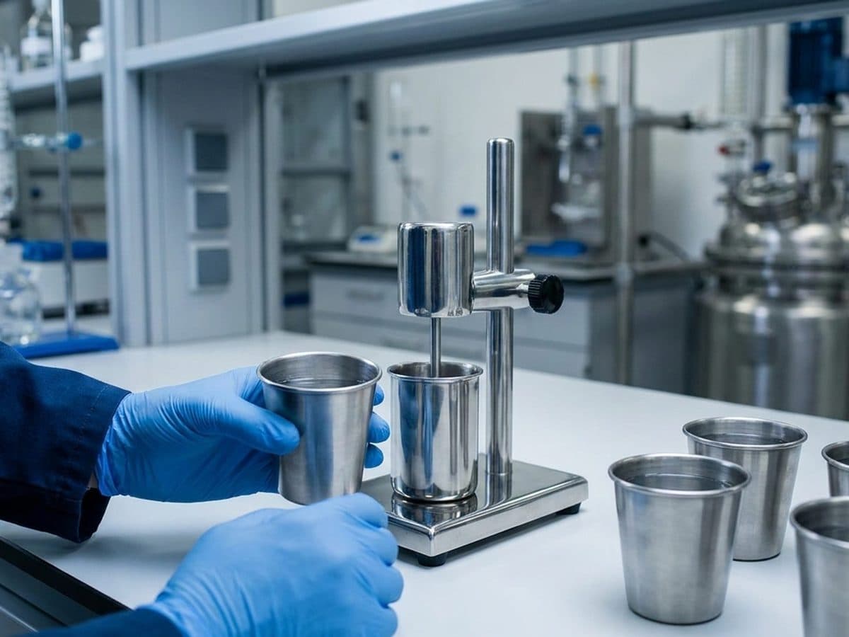 Specialty chemical samples beside stainless-steel mixing equipment