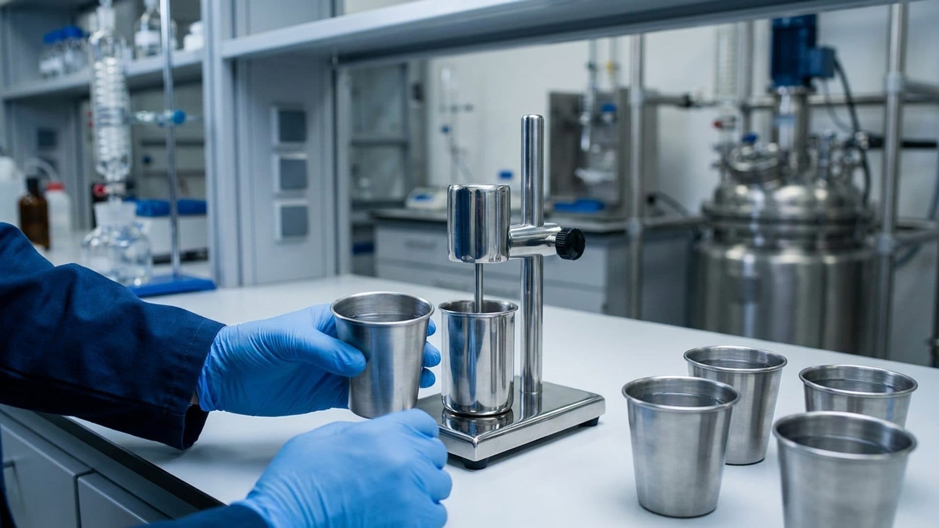 Specialty chemical samples beside stainless-steel mixing equipment