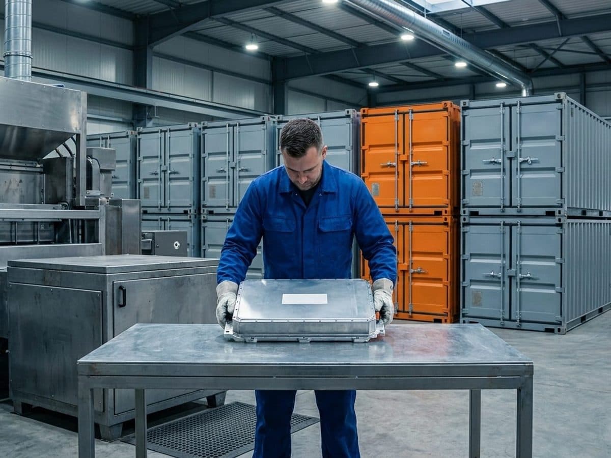 Worker checking lithium-ion battery containers at a recycling facility
