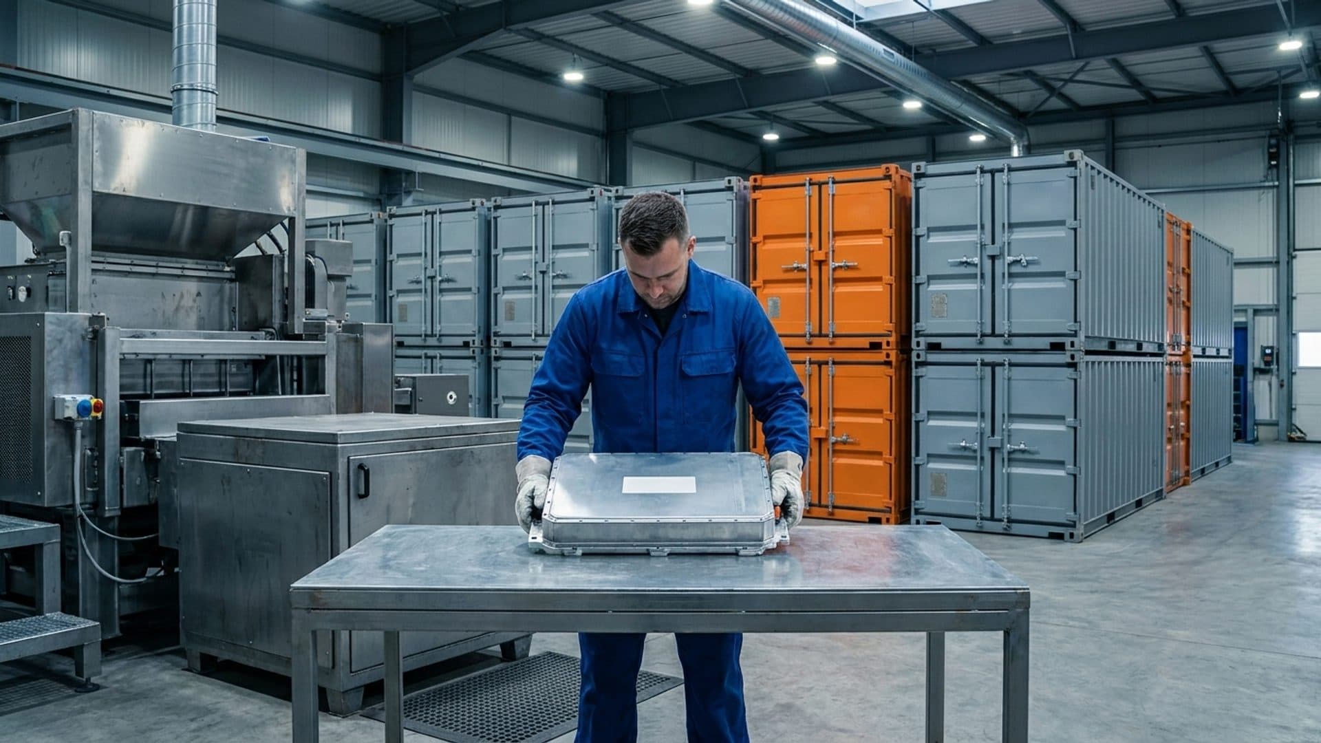 Worker checking lithium-ion battery containers at a recycling facility