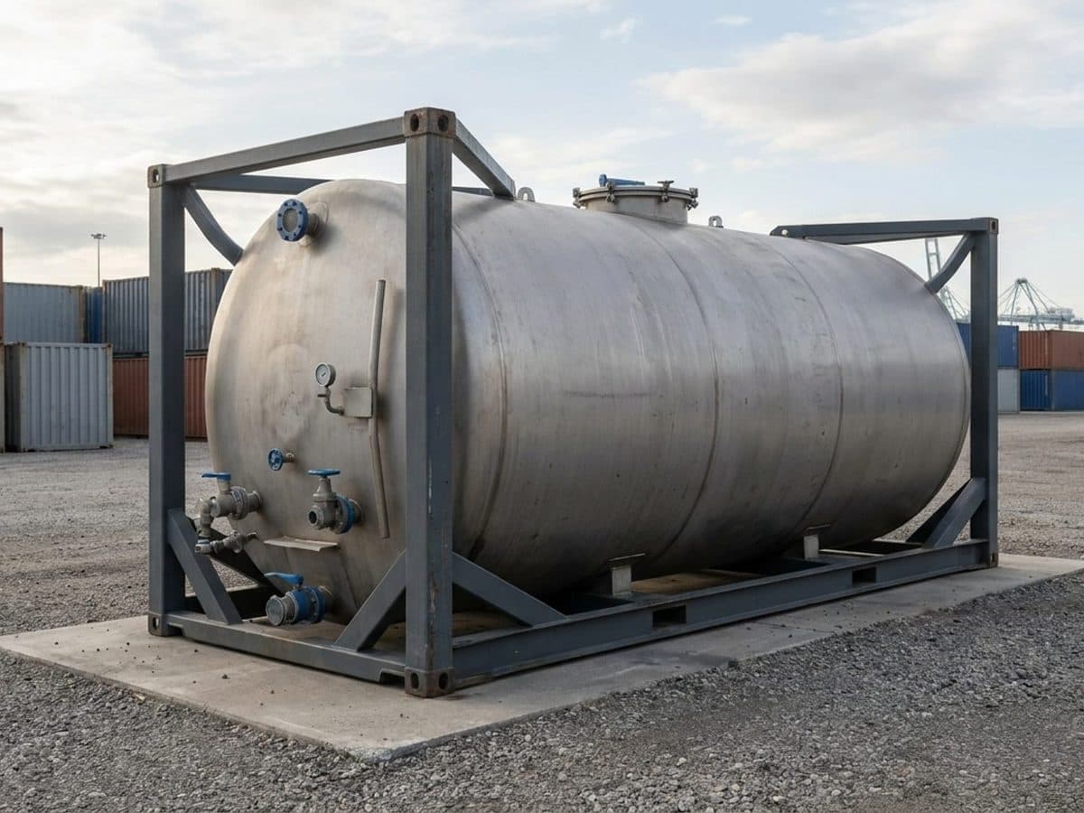 An unbranded tank container in a freight yard.