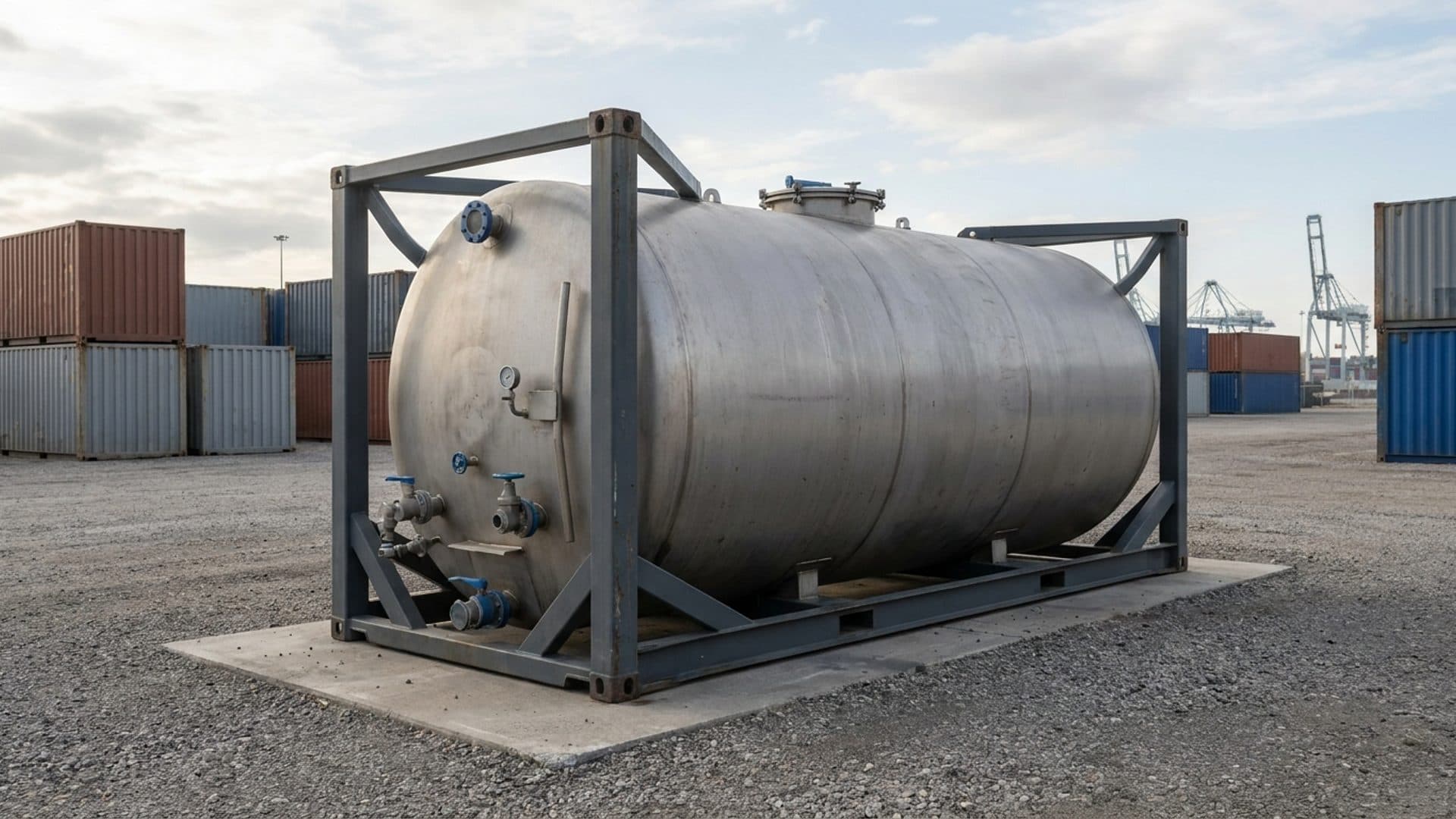 An unbranded tank container in a freight yard.