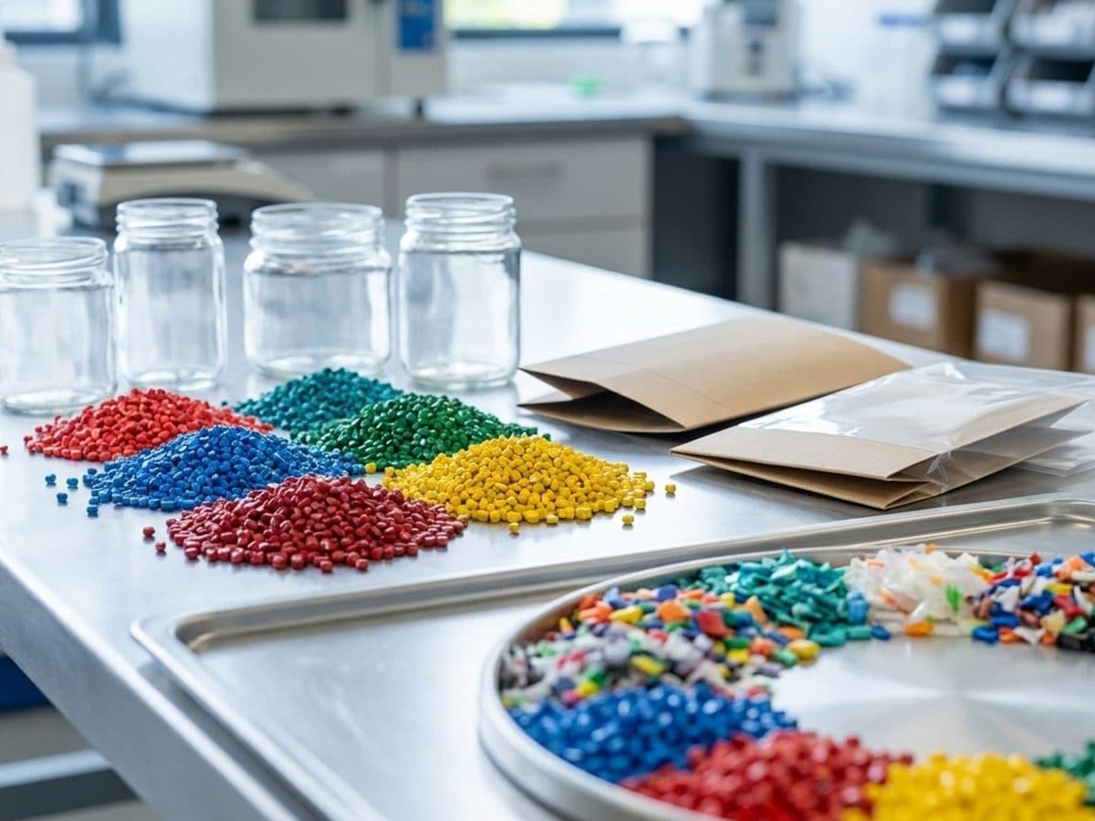 Recycled plastic pellets and plain packaging samples in a materials laboratory