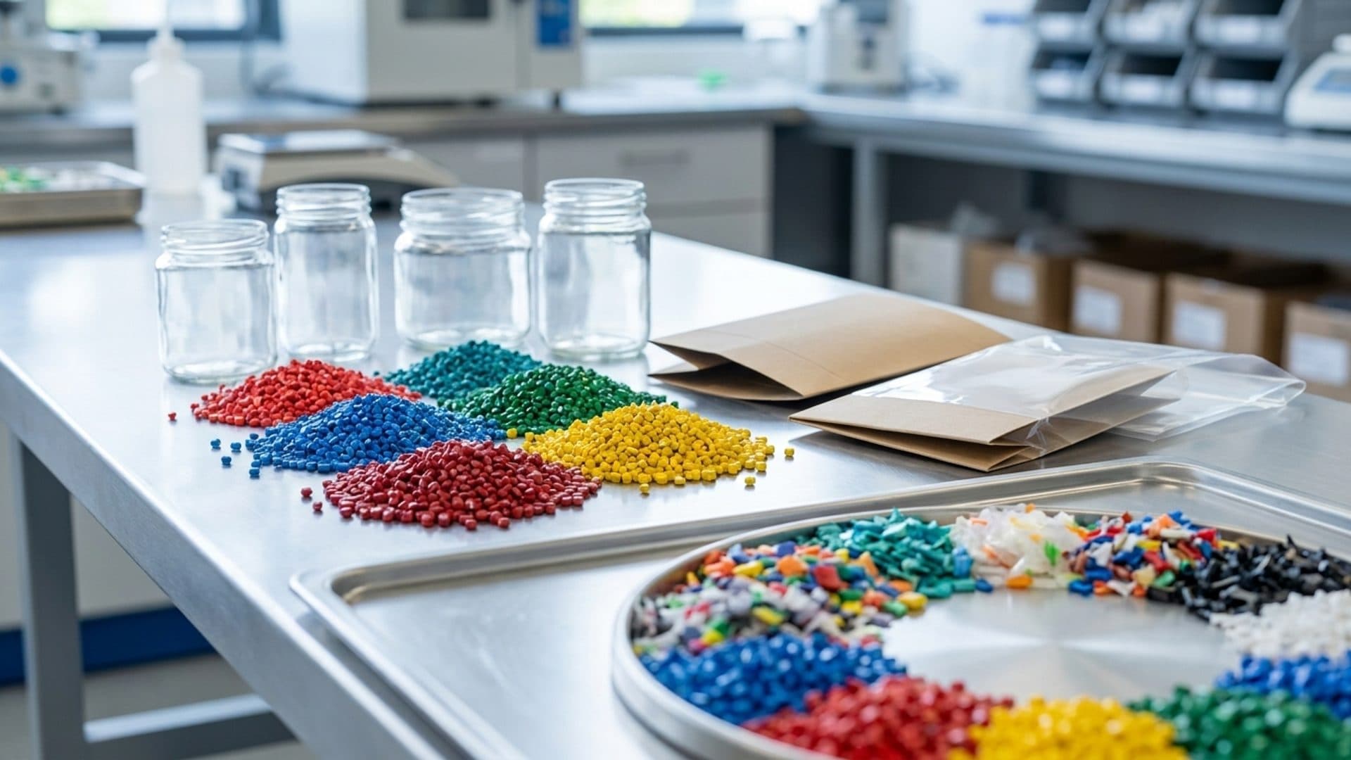 Recycled plastic pellets and plain packaging samples in a materials laboratory