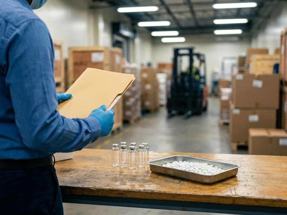 Pharmaceutical vials, tablets and ingredient containers being reviewed alongside customs entry documentation at a US logistics facility