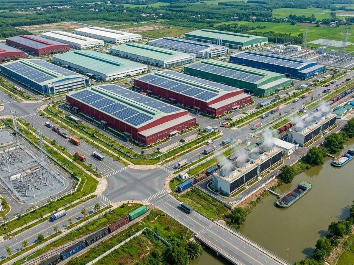 Modern Vietnamese industrial complex with energy and freight infrastructure