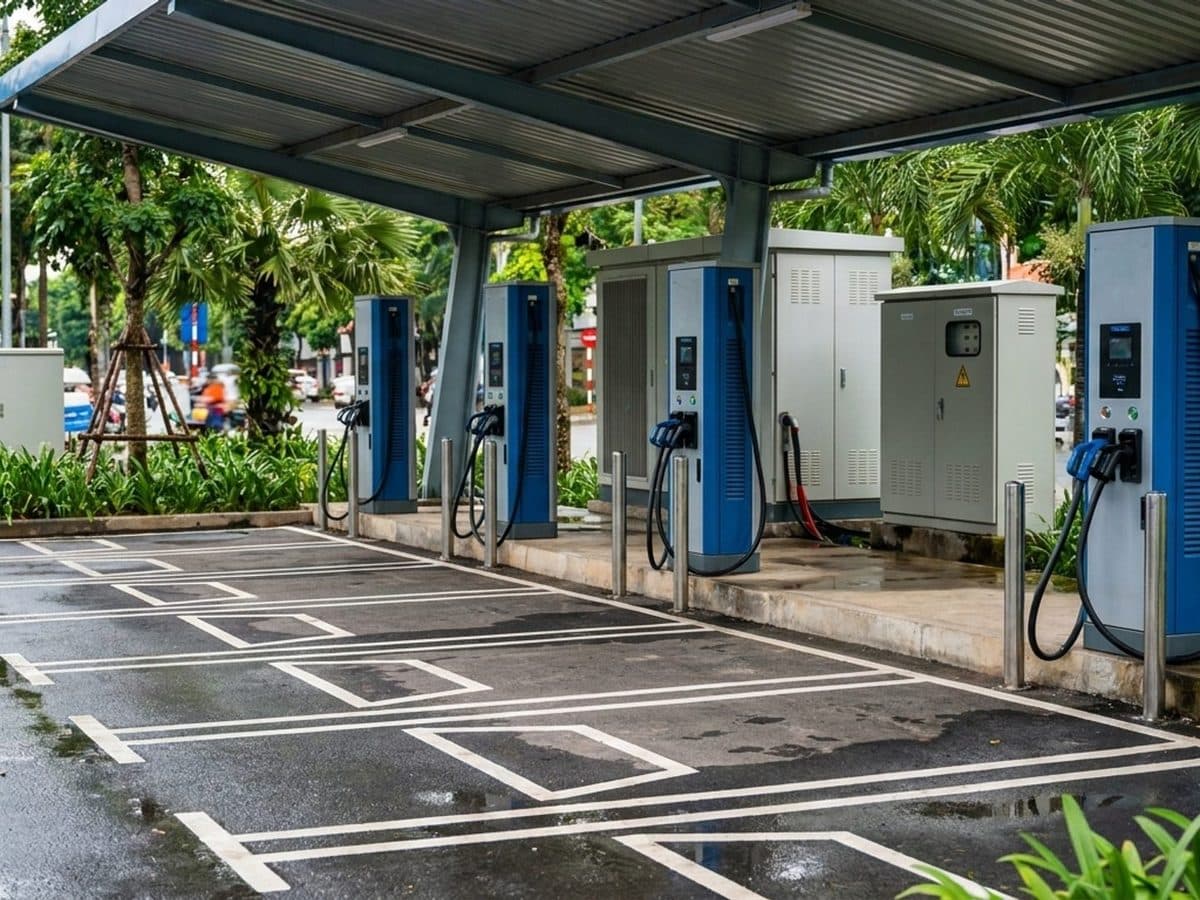 A public electric-vehicle fast-charging station in Vietnam showing charging posts, marked bays and electrical safety equipment