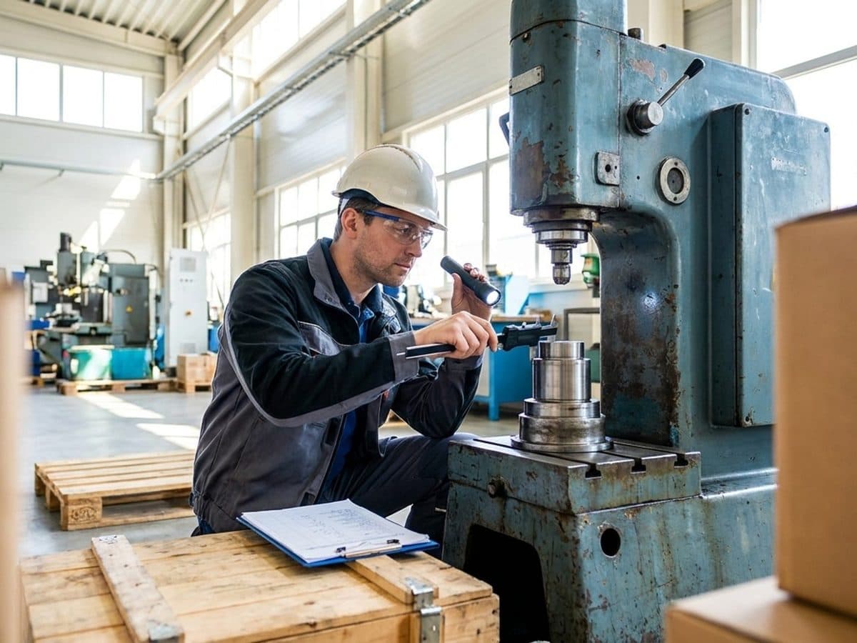 Engineer inspecting used industrial machinery in a factory