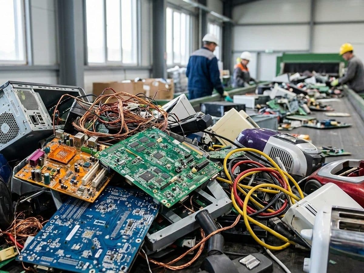 Discarded electronics sorted for recycling in an industrial facility