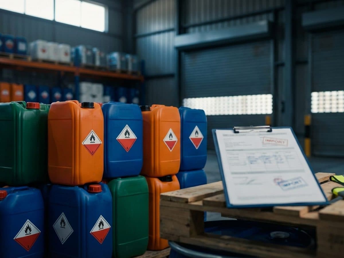Pesticide containers in a warehouse logistics setting