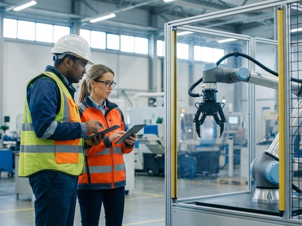 Worker and safety specialist reviewing an industrial robotic work cell